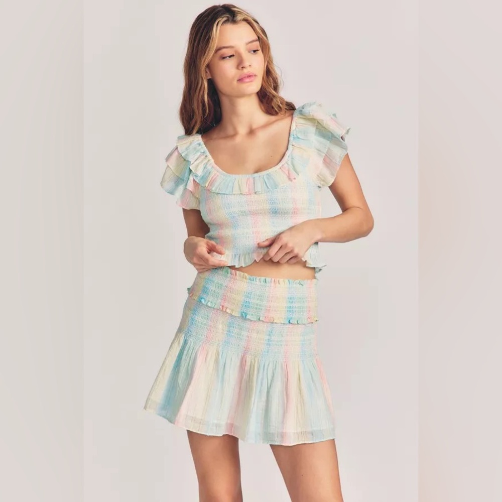 LoveShackFancy Saba Smocked Crop Top‎ & Camilla Mini Skirt Size Large Rainbow